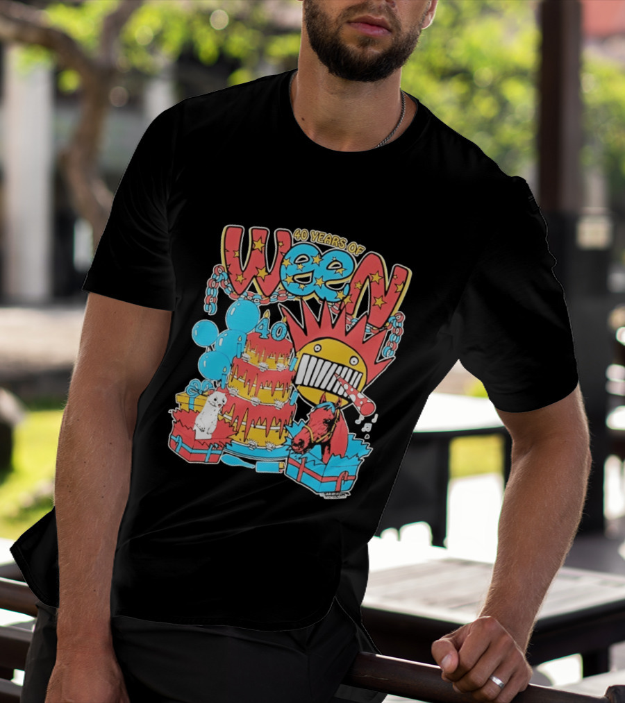 40 Years Of Ween Celebration Cake Balloons Dog Horse Black Sun Mask T-Shirt