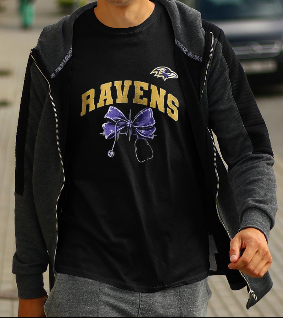 Baltimore Ravens Nurse By Heart By Soul Ravens Stethoscope Bow T-Shirt