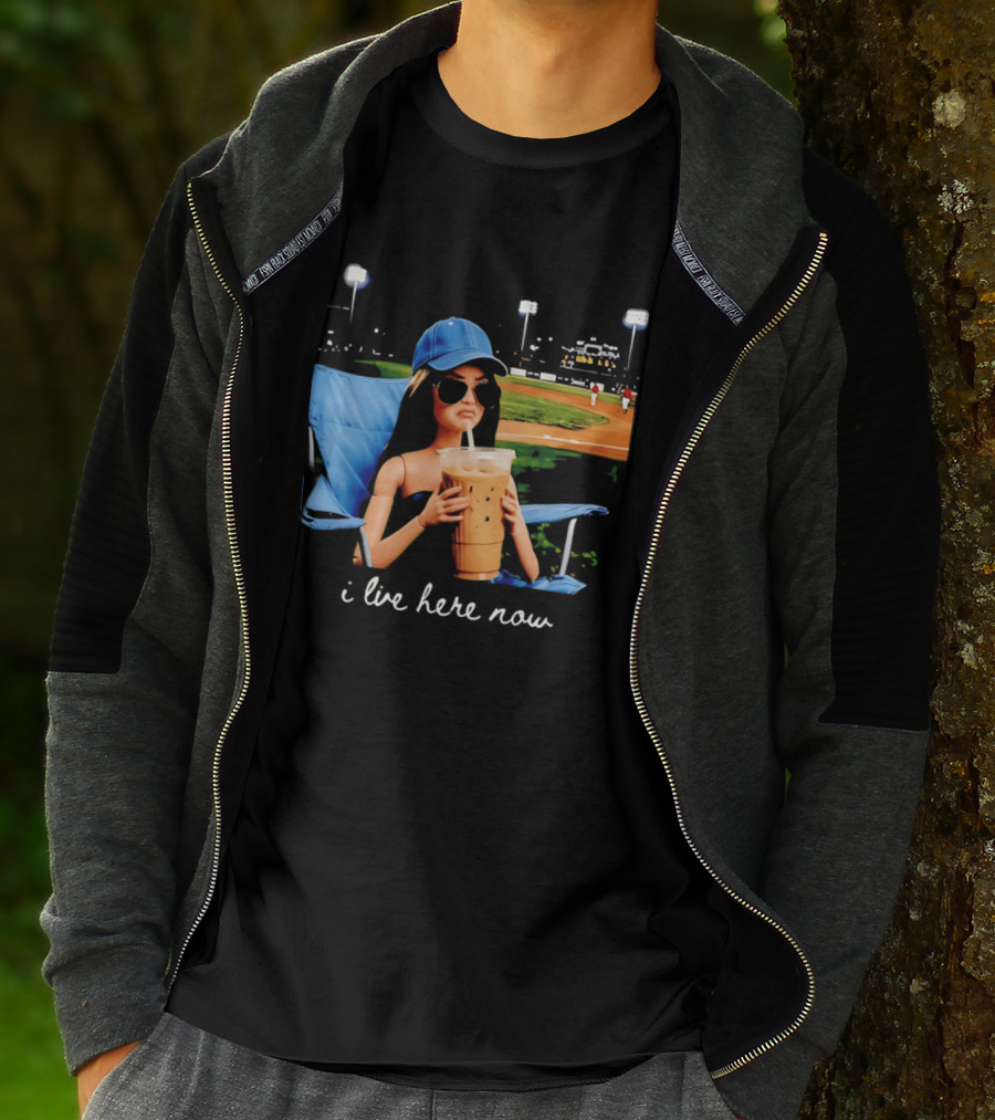 I Live Here Now Barbie Drink Coffee Baseball Stadium Scene T-Shirt