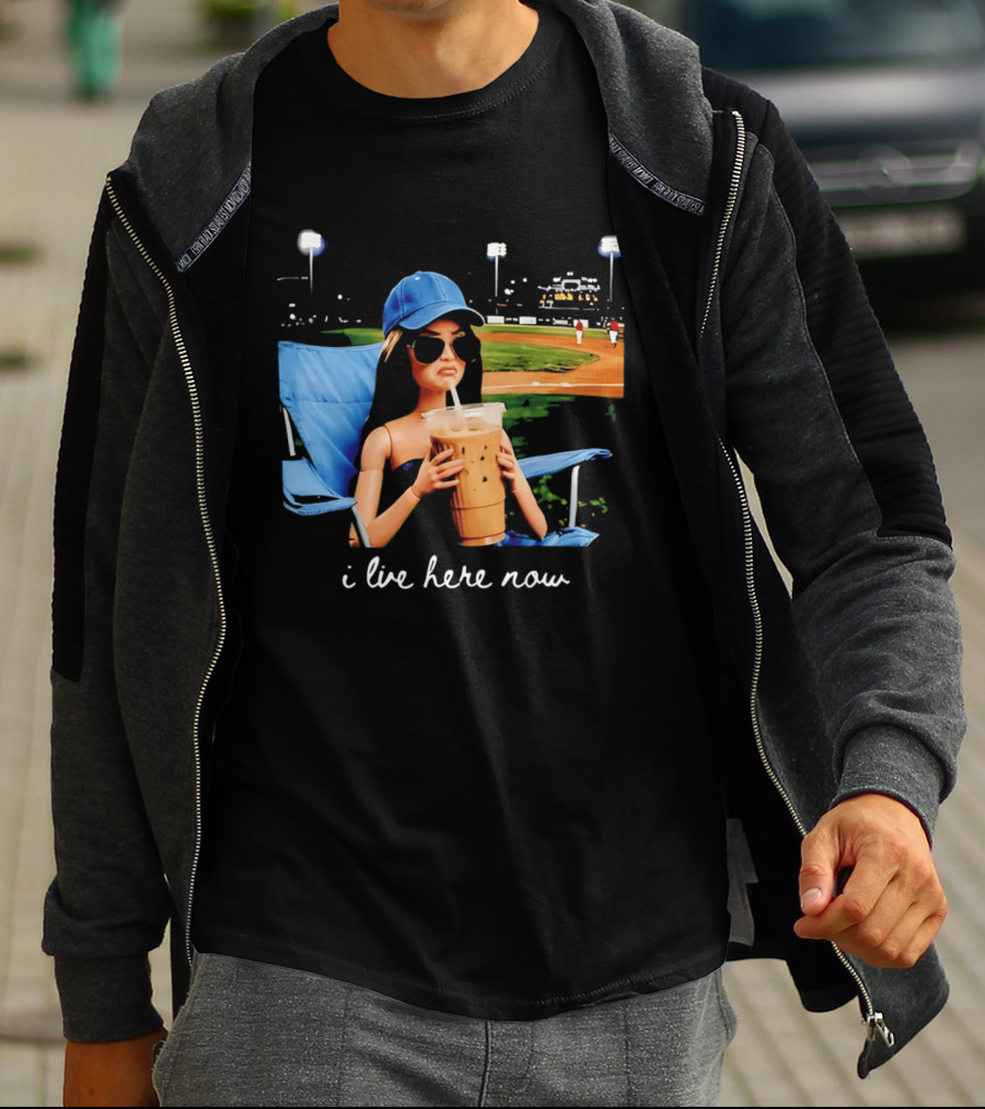 I Live Here Now Barbie Drink Coffee Baseball Stadium Scene T-Shirt