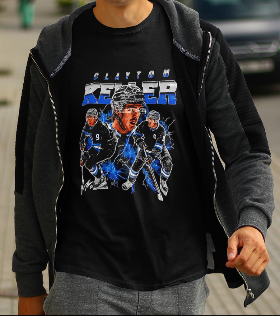 Clayton Keller 9 Utah Mammoth Ice Hockey Player Blue Lightning T-Shirt