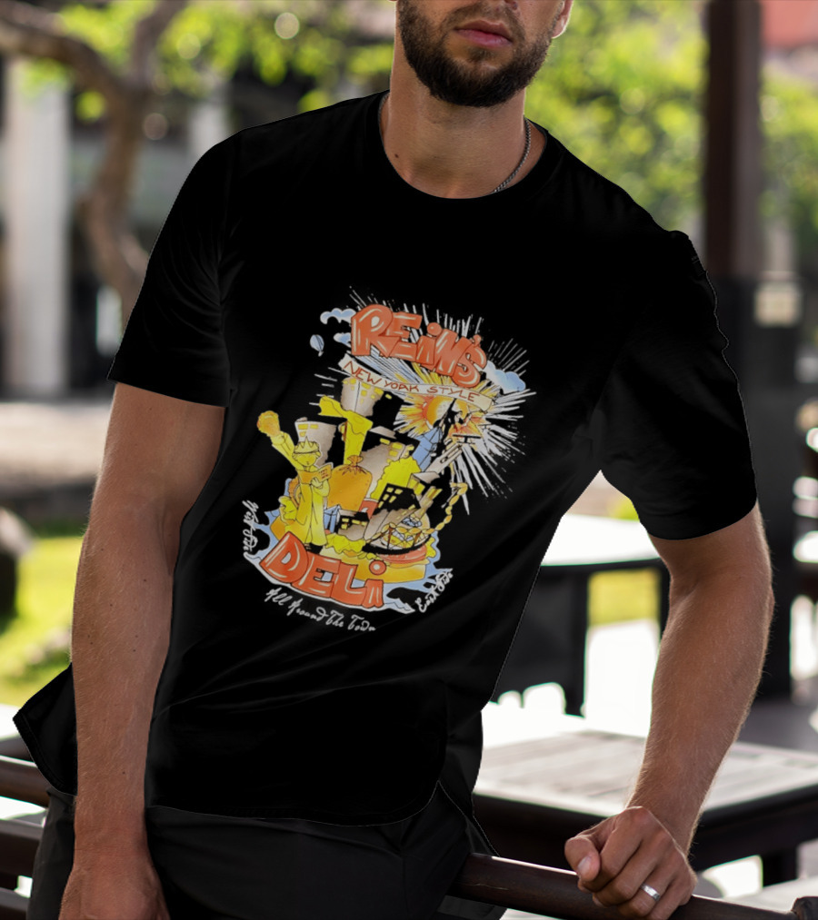 Rein's New York Style Deli Statue Of Liberty Cityscape Explosion T-Shirt