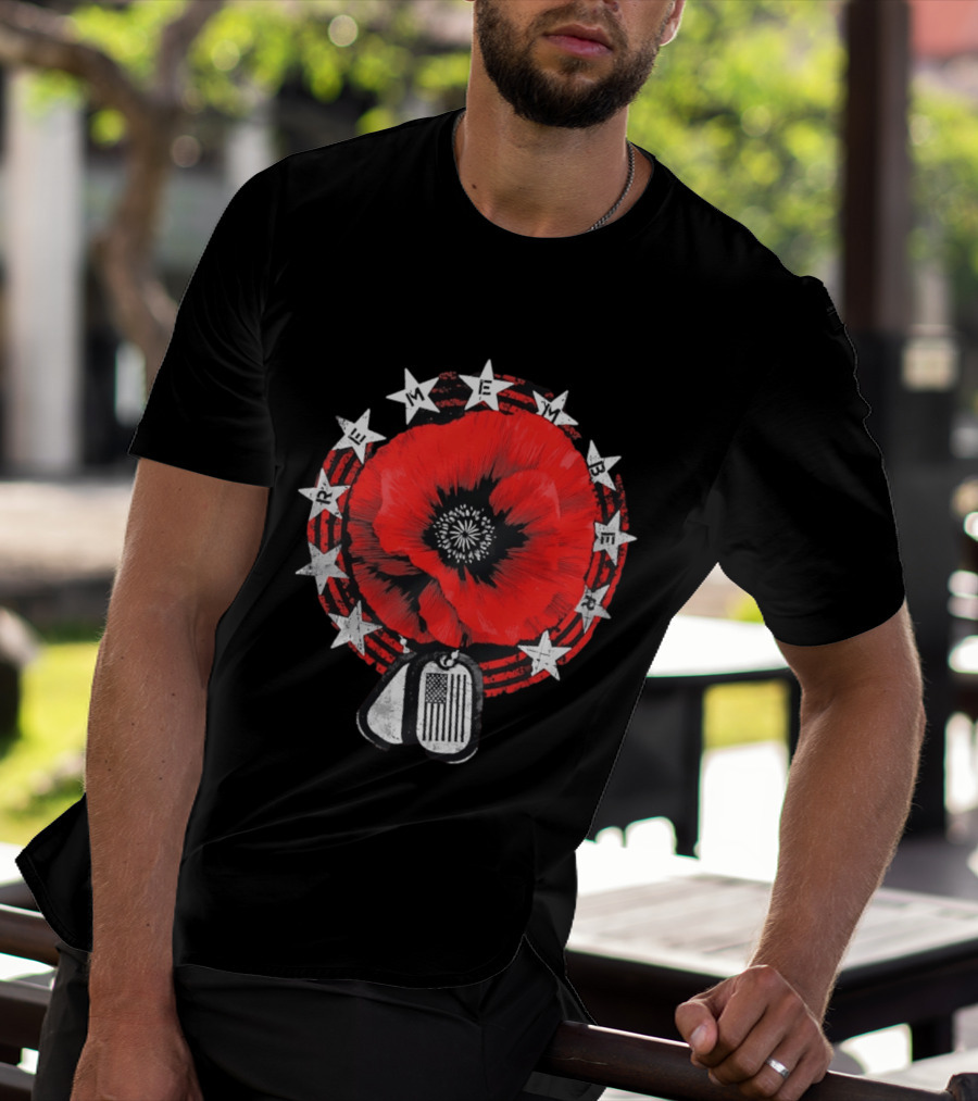 Remember Poppy 2026 American Flag Dog Tags Stars T-Shirt
