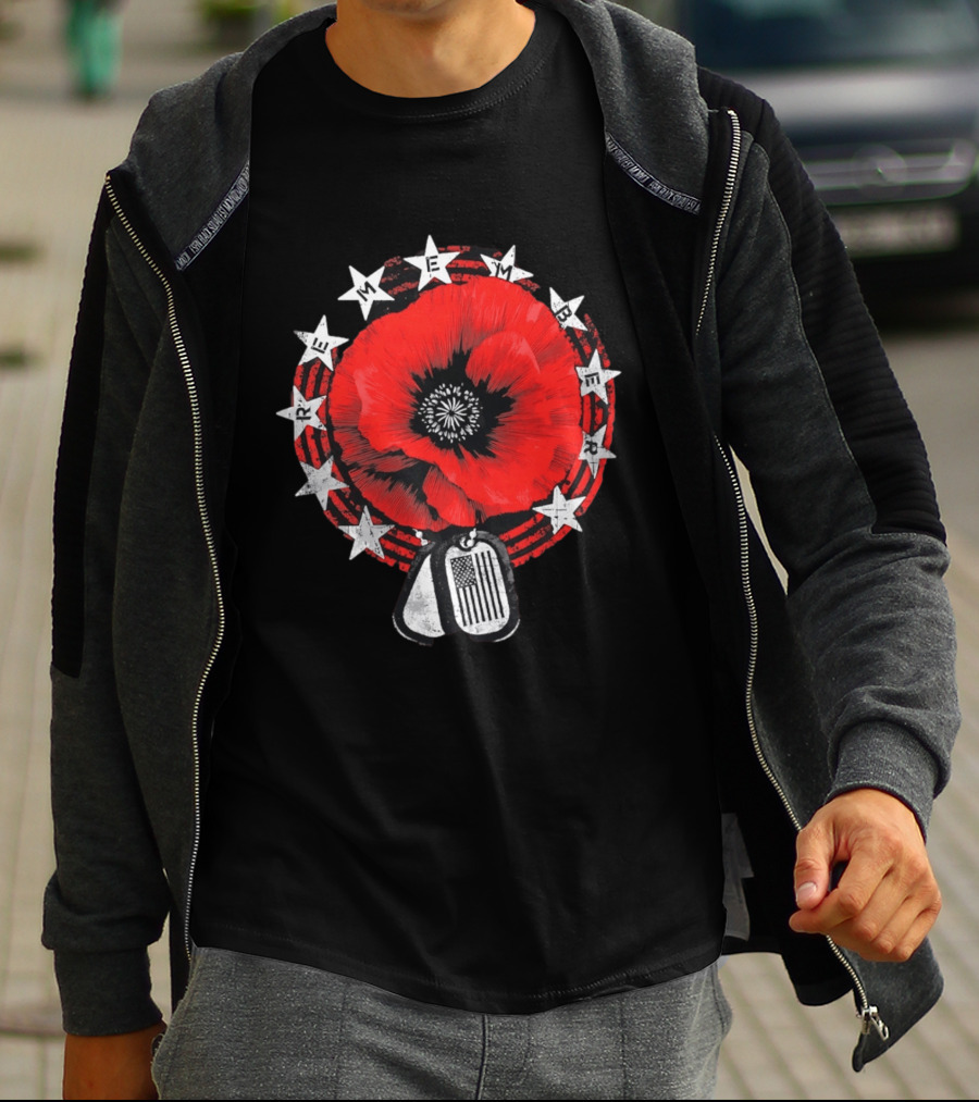 Remember Poppy 2026 American Flag Dog Tags Stars T-Shirt