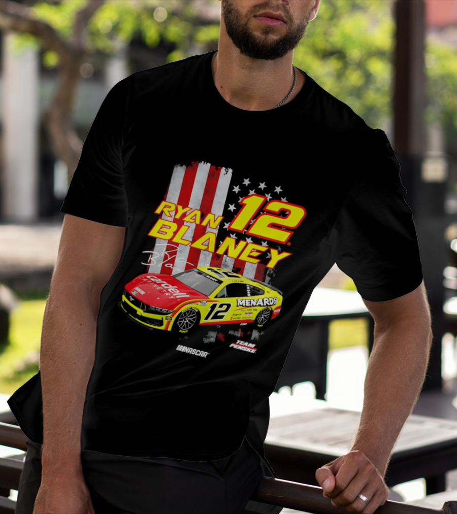 Ryan Blaney 12 Team Penske NASCAR American Flag Racing Car T-Shirt