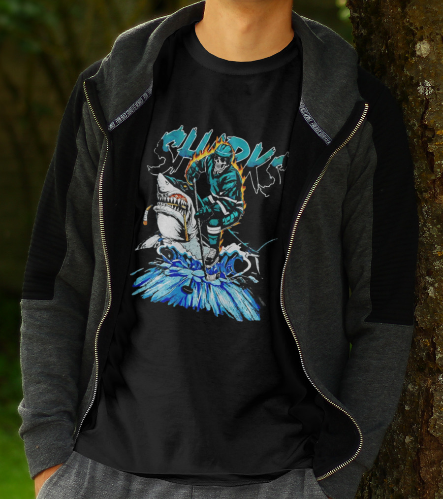 San Jose Sharks 90s Hockey Skull Flames Ice Shark Rider T-Shirt