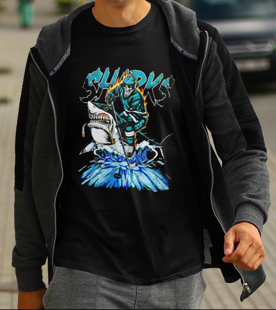 San Jose Sharks 90s Hockey Skull Flames Ice Shark Rider T-Shirt