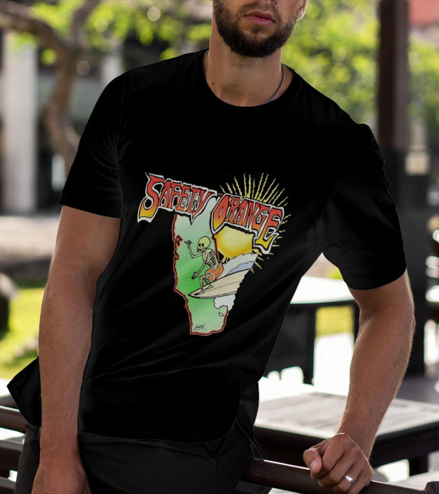Safety Orange Skeleton Surfing Explosion Scene T-Shirt