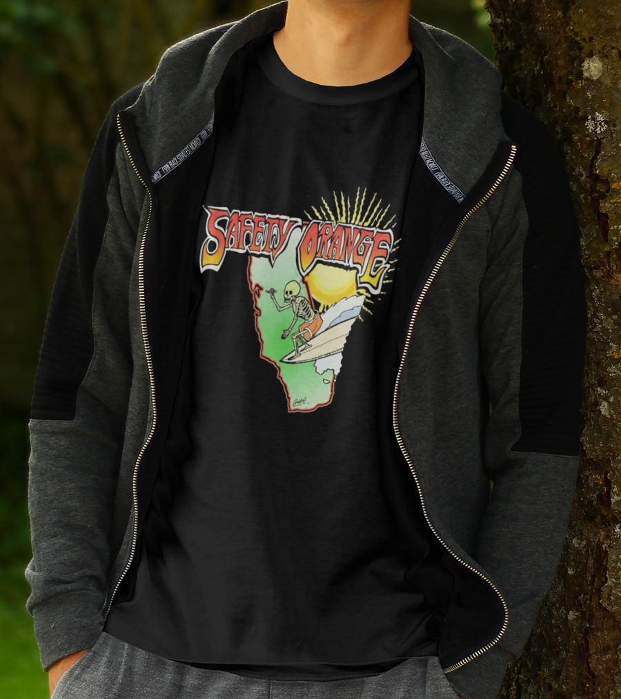 Safety Orange Skeleton Surfing Explosion Scene T-Shirt