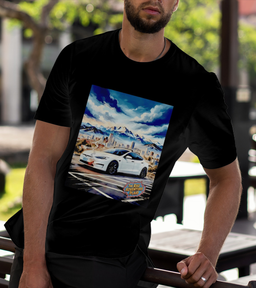 The Rad Adventure Plaid Electric Car Scenic Mountain Cityscape T-Shirt
