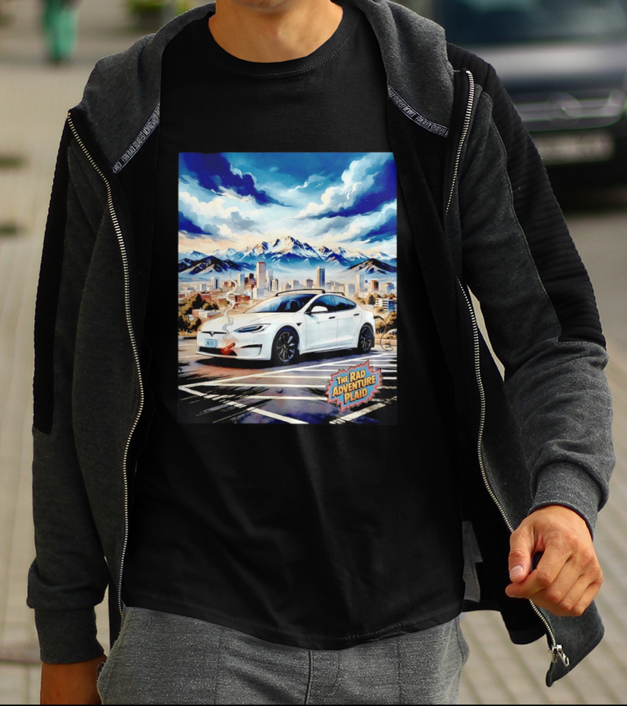 The Rad Adventure Plaid Electric Car Scenic Mountain Cityscape T-Shirt