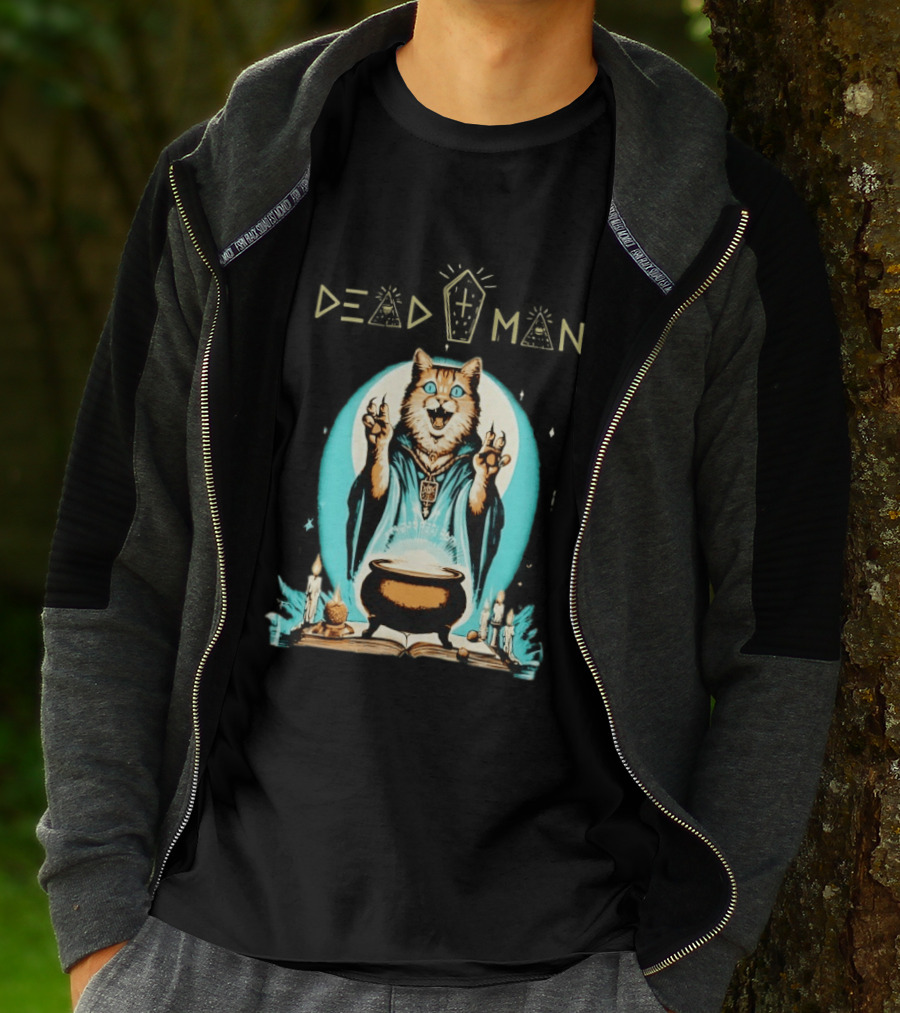 Wizard Cat Casting Spell With Cauldron And Candles Dead Man T-Shirt