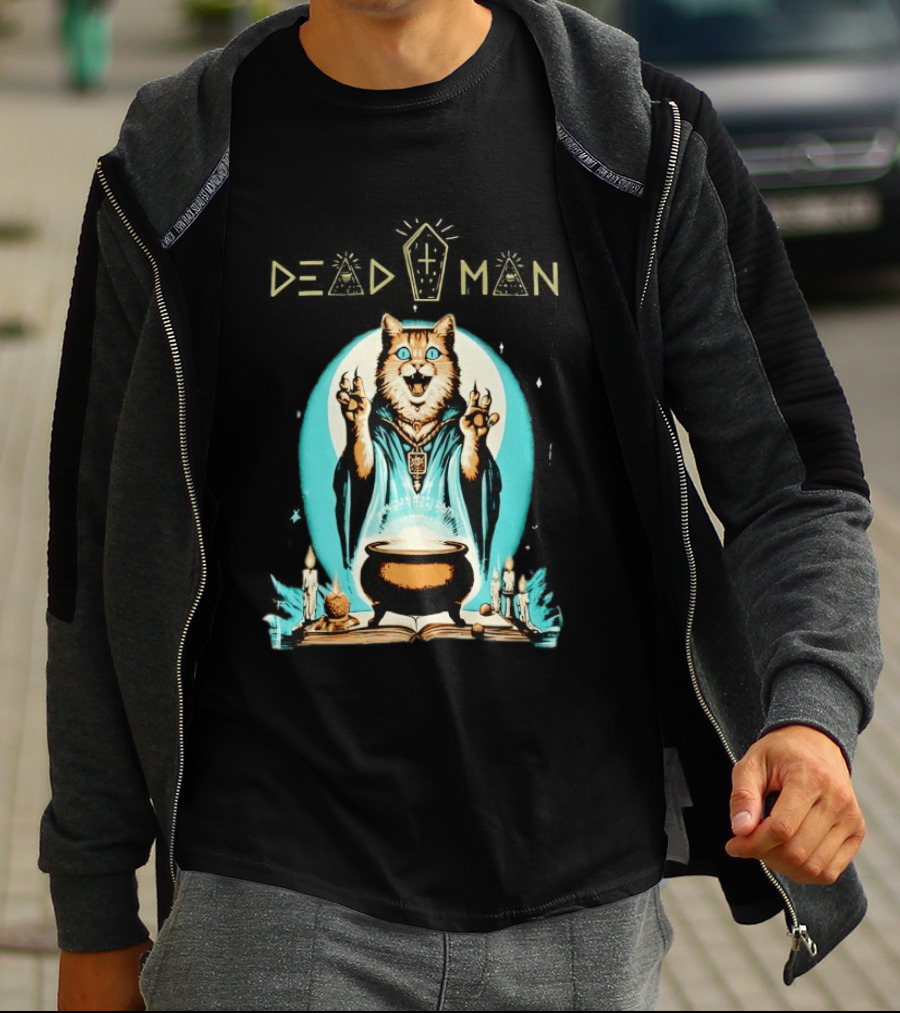 Wizard Cat Casting Spell With Cauldron And Candles Dead Man T-Shirt