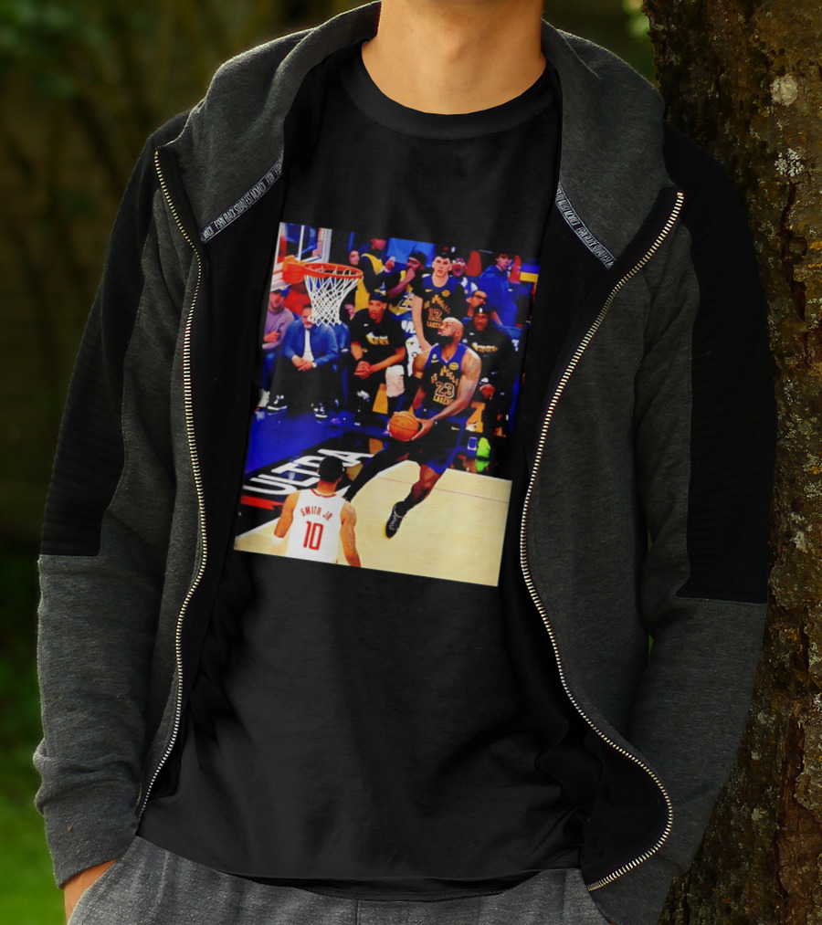 LeBron James Los Angeles Lakers Dunking Action Photo T-Shirt