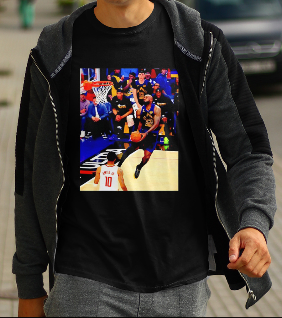 LeBron James Los Angeles Lakers Dunking Action Photo T-Shirt