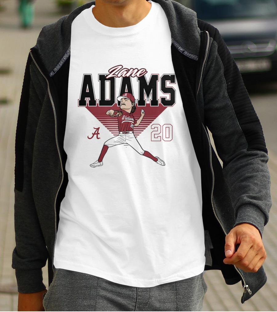 Zane Adams 20 Alabama Crimson Tide Baseball Caricature Player Pitching T-Shirt