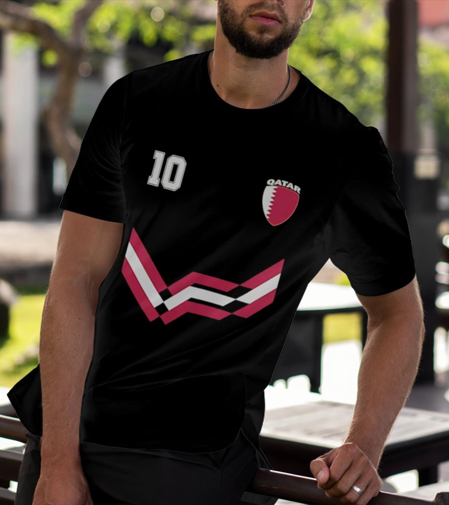 Akram Afif Qatar 10 Soccer Badge Red Chevron T-Shirt