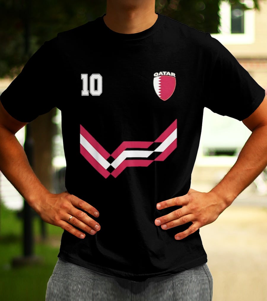 Akram Afif Qatar 10 Soccer Badge Red Chevron T-Shirt