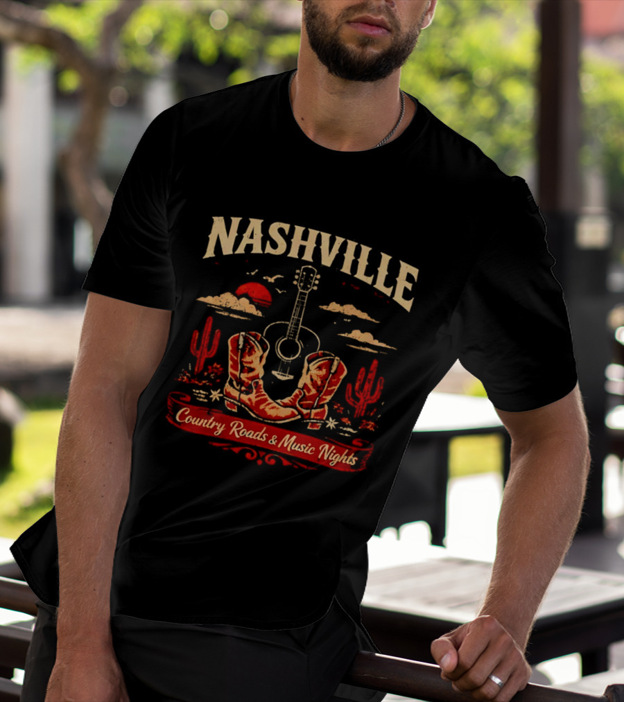 Nashville Country Roads Music Nights Boots Guitar Desert Cactus Moon Clouds T-Shirt