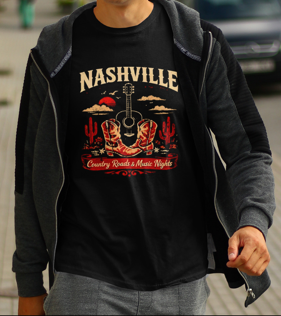 Nashville Country Roads Music Nights Boots Guitar Desert Cactus Moon Clouds T-Shirt