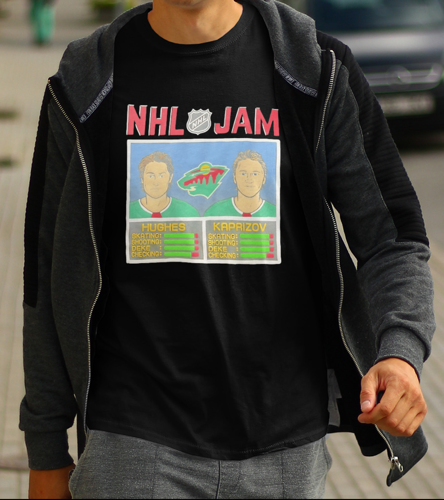 NHL Jam Hughes Kaprizov Minnesota Wild Skating Shooting Deke Checking T-Shirt