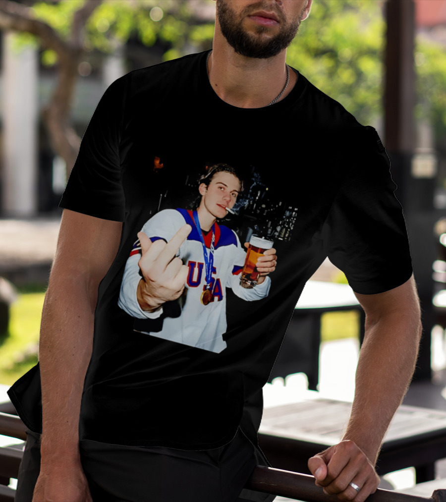 USA Hockey Player Victory Celebration Smoking Beer Middle Finger T-Shirt