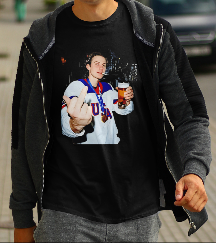 USA Hockey Player Victory Celebration Smoking Beer Middle Finger T-Shirt