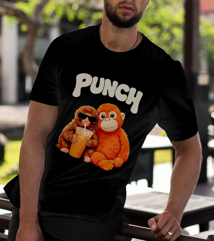 PUNCH Brown Monkey With Orange Plush And Iced Drink T-Shirt