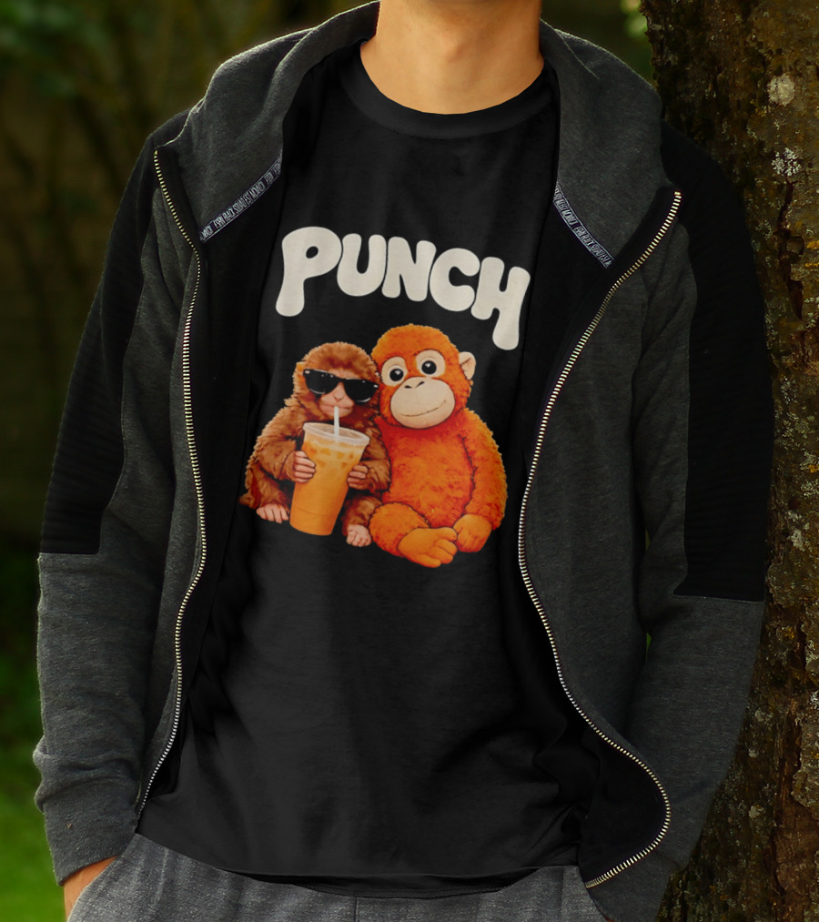 PUNCH Brown Monkey With Orange Plush And Iced Drink T-Shirt