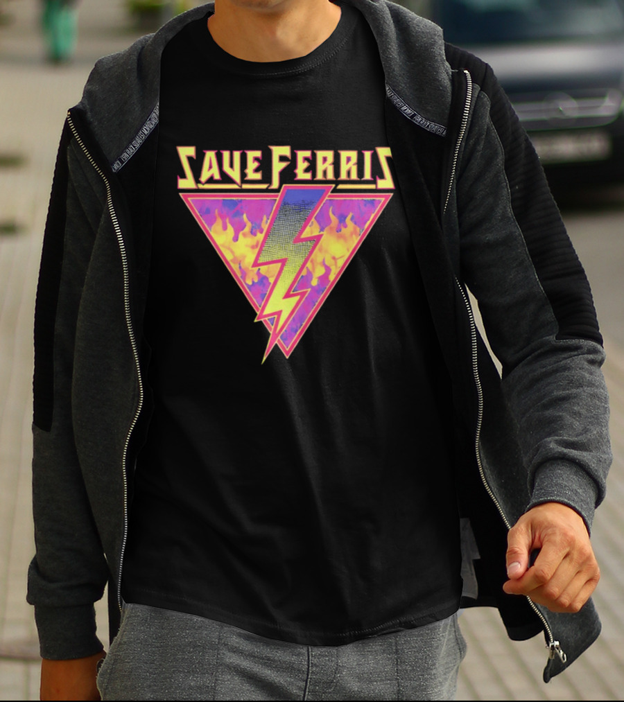 Save Ferris Lightning Bolt Retro 80s Flames T-Shirt