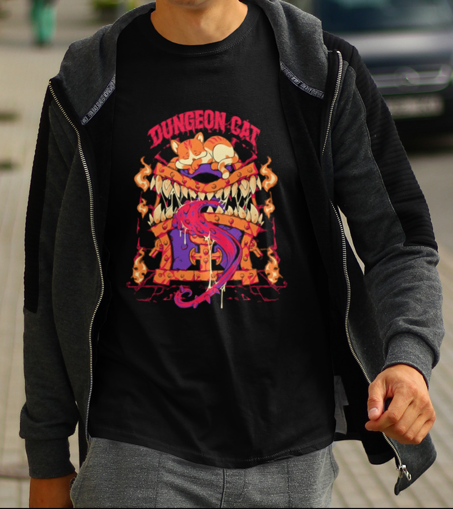 Dungeon Cat Sleeping On Monstrous Chest Surrounded By Flames And Tentacles T-Shirt