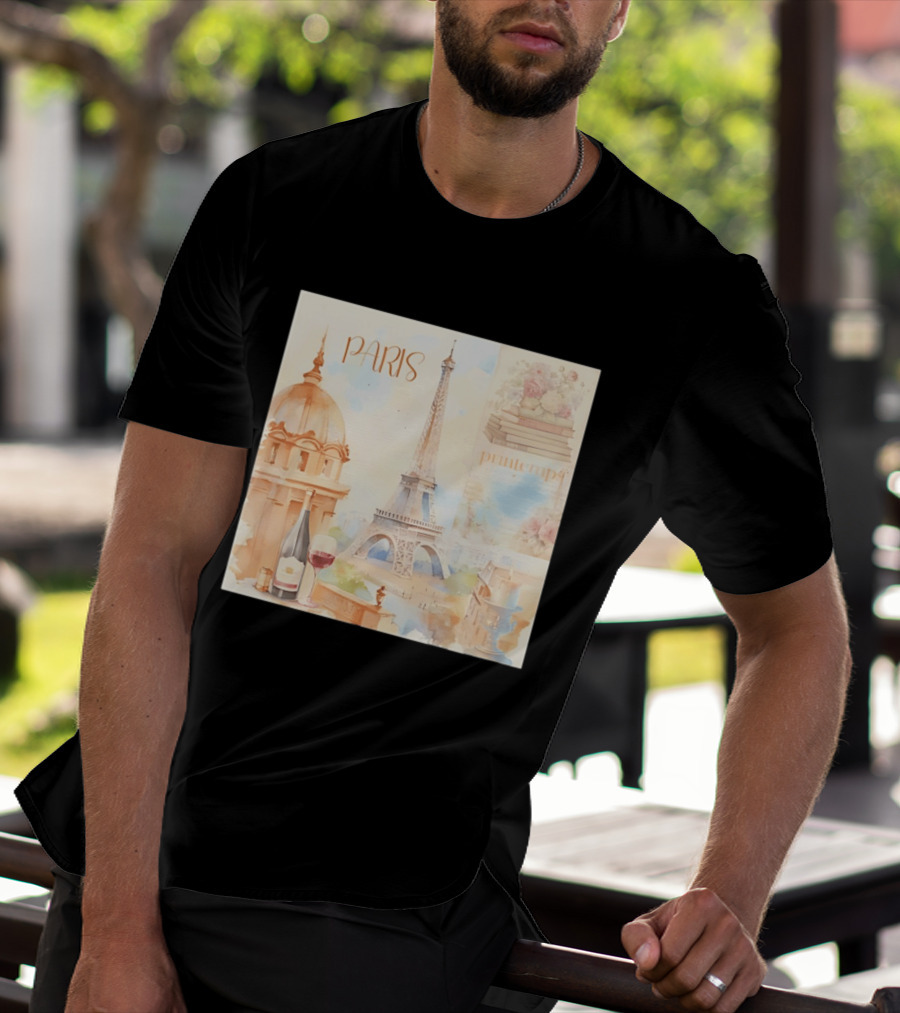 Paris Printemps Eiffel Tower Wine Flowers Books T-Shirt