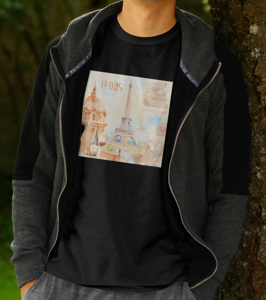 Paris Printemps Eiffel Tower Wine Flowers Books T-Shirt