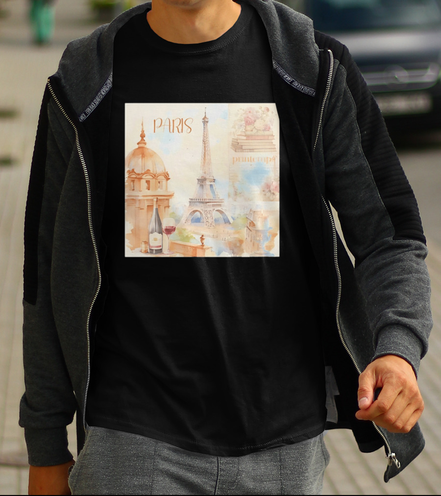 Paris Printemps Eiffel Tower Wine Flowers Books T-Shirt