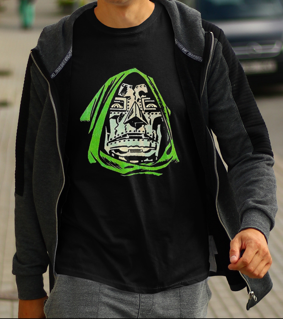 Victor Von Doom Dr Doom Comic Face Drawing Green Hood T-Shirt