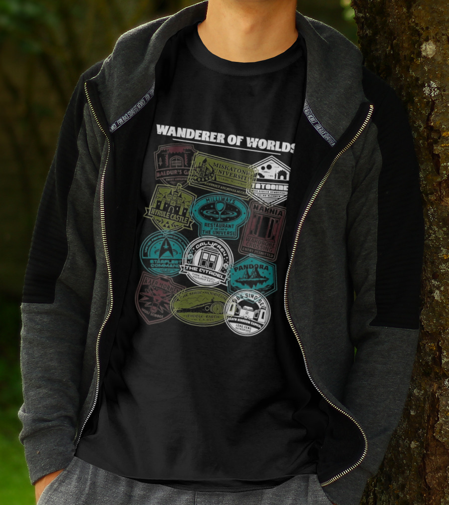 Wanderer Of Worlds Travelers Interdimensional Passport Stamps Portal Adventures T-Shirt