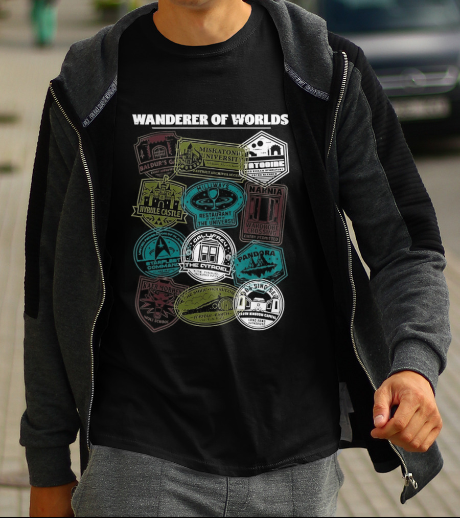 Wanderer Of Worlds Travelers Interdimensional Passport Stamps Portal Adventures T-Shirt