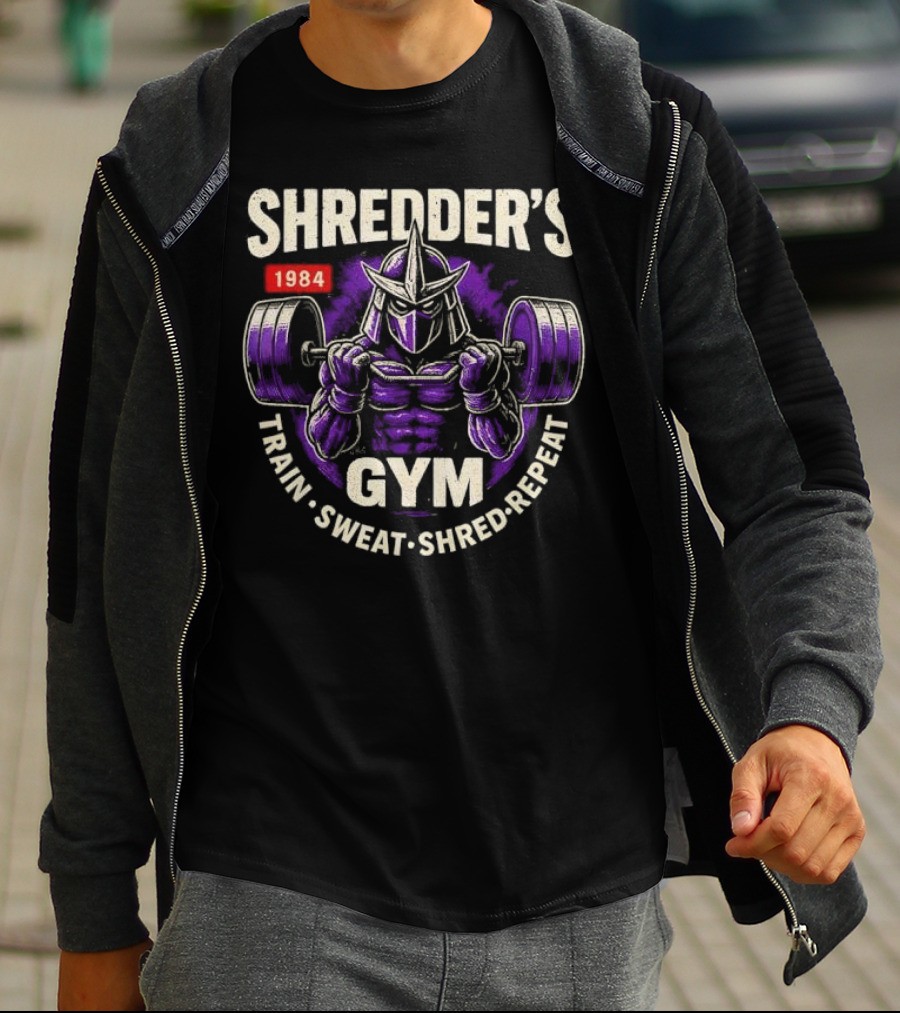 Shredder's 1984 Gym Train Sweat Shred Repeat Ninja Warrior Fitness T-Shirt