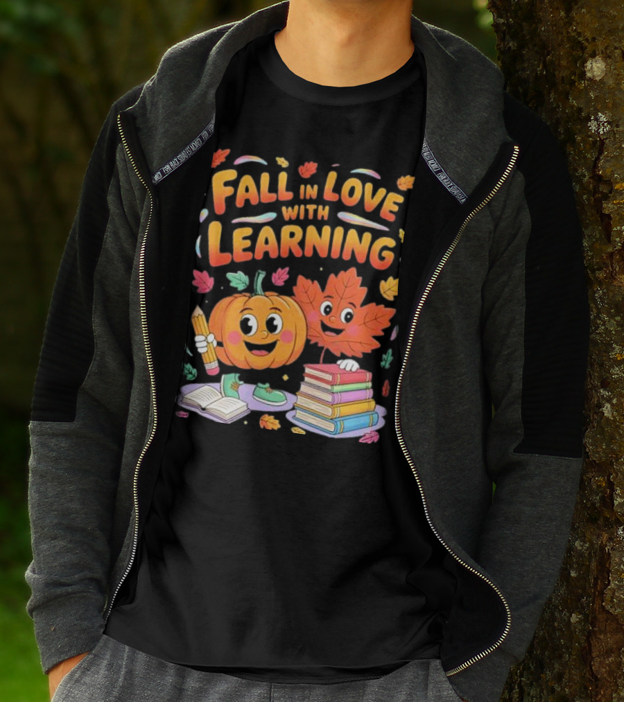 Fall In Love With Learning Autumn Pumpkin And Leaf With Books And Stationery T-Shirt