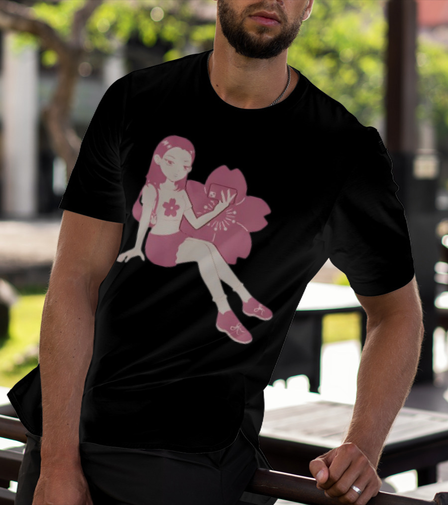 Mandys Brown Anime Style Girl Sakura Blossom Pattern T-Shirt