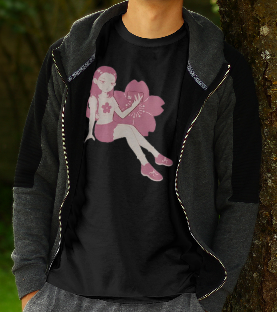 Mandys Brown Anime Style Girl Sakura Blossom Pattern T-Shirt