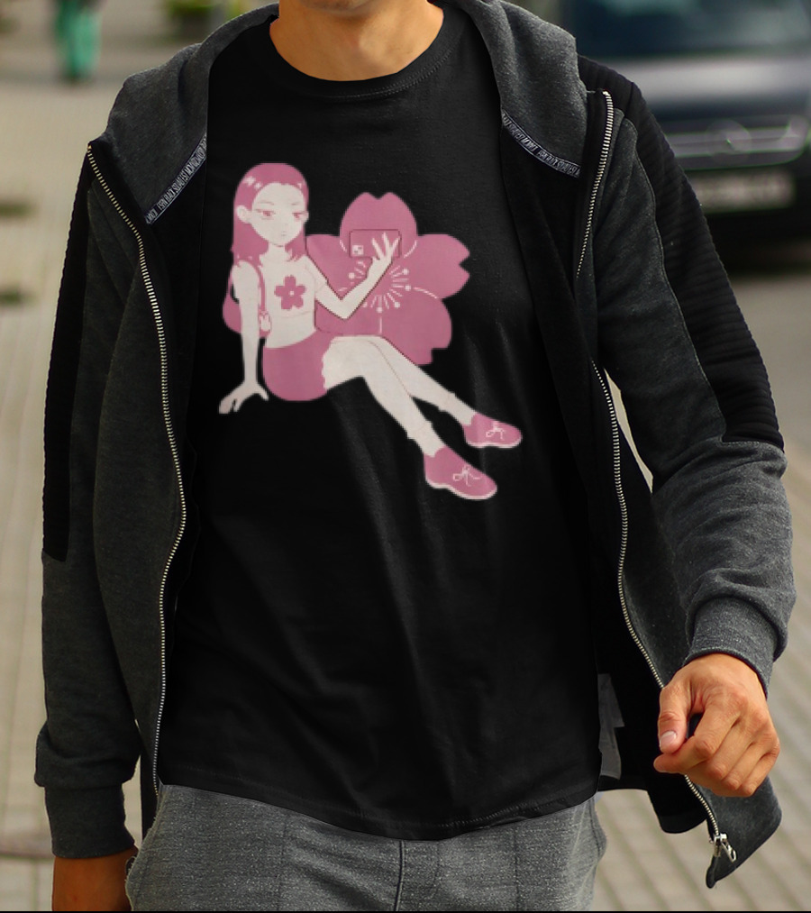 Mandys Brown Anime Style Girl Sakura Blossom Pattern T-Shirt