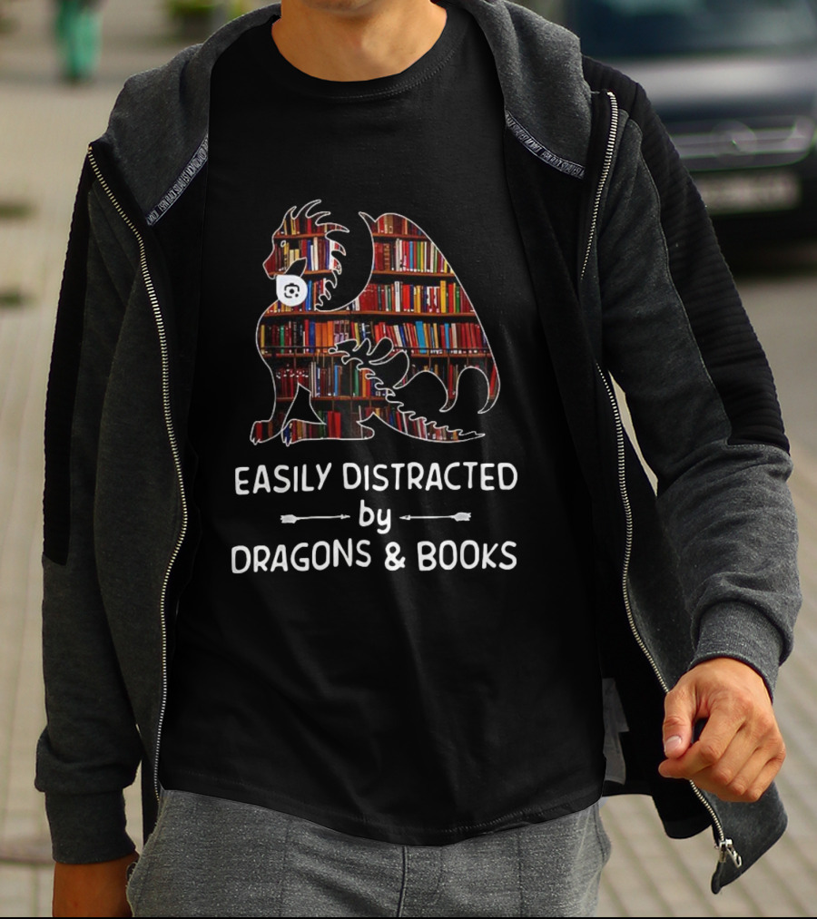 Easily Distracted By Dragons & Books Library Collage T-Shirt