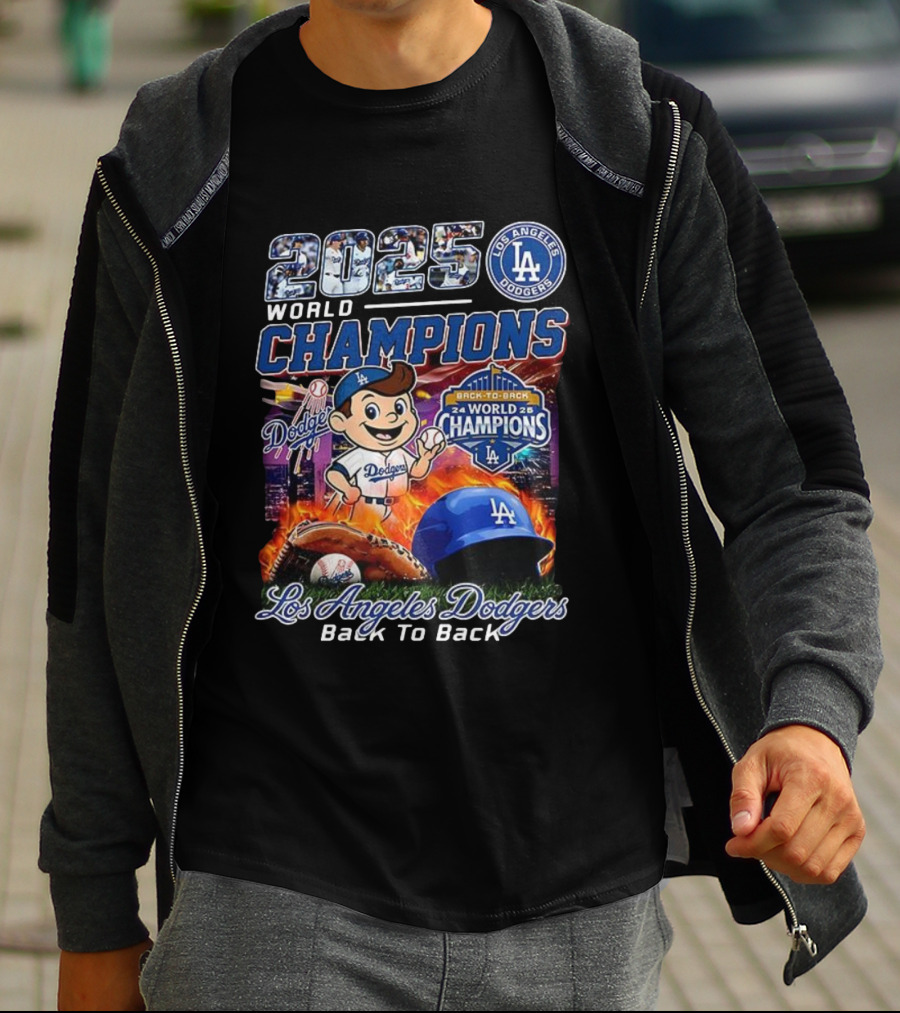 Los Angeles Dodgers 2025 Back To Back World Champions Dodgers Logo Baseball Gloves Helmet T-Shirt