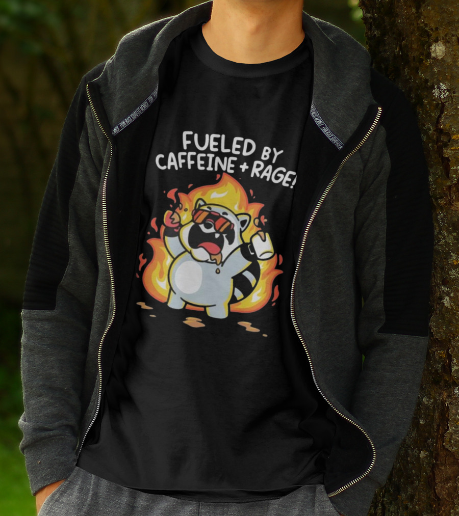 Fueled By Caffeine And Rage Raccoon Fire Cartoon Coffee T-Shirt