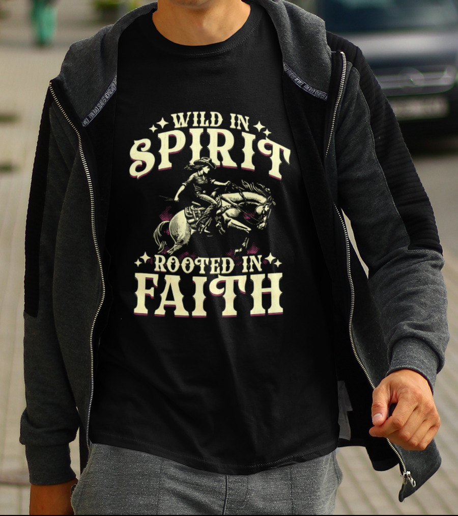 Cowgirl Wild In Spirit Rooted In Faith Equestrian Rider With Horse Western Theme T-Shirt