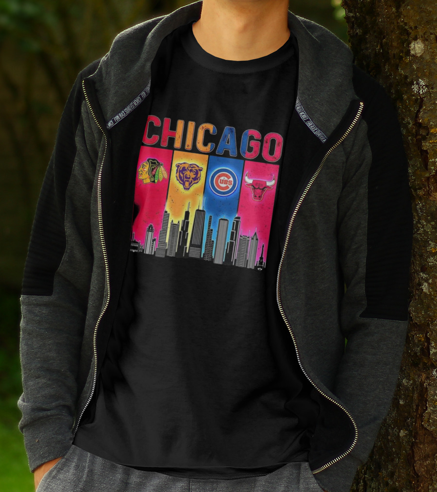 Chicago Blackhawks Bears Cubs Bulls Skyline T-Shirt