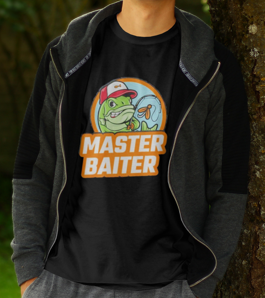 Master Baiter Fishing Cartoon Fish With Red Cap And Fishing Rod T-Shirt