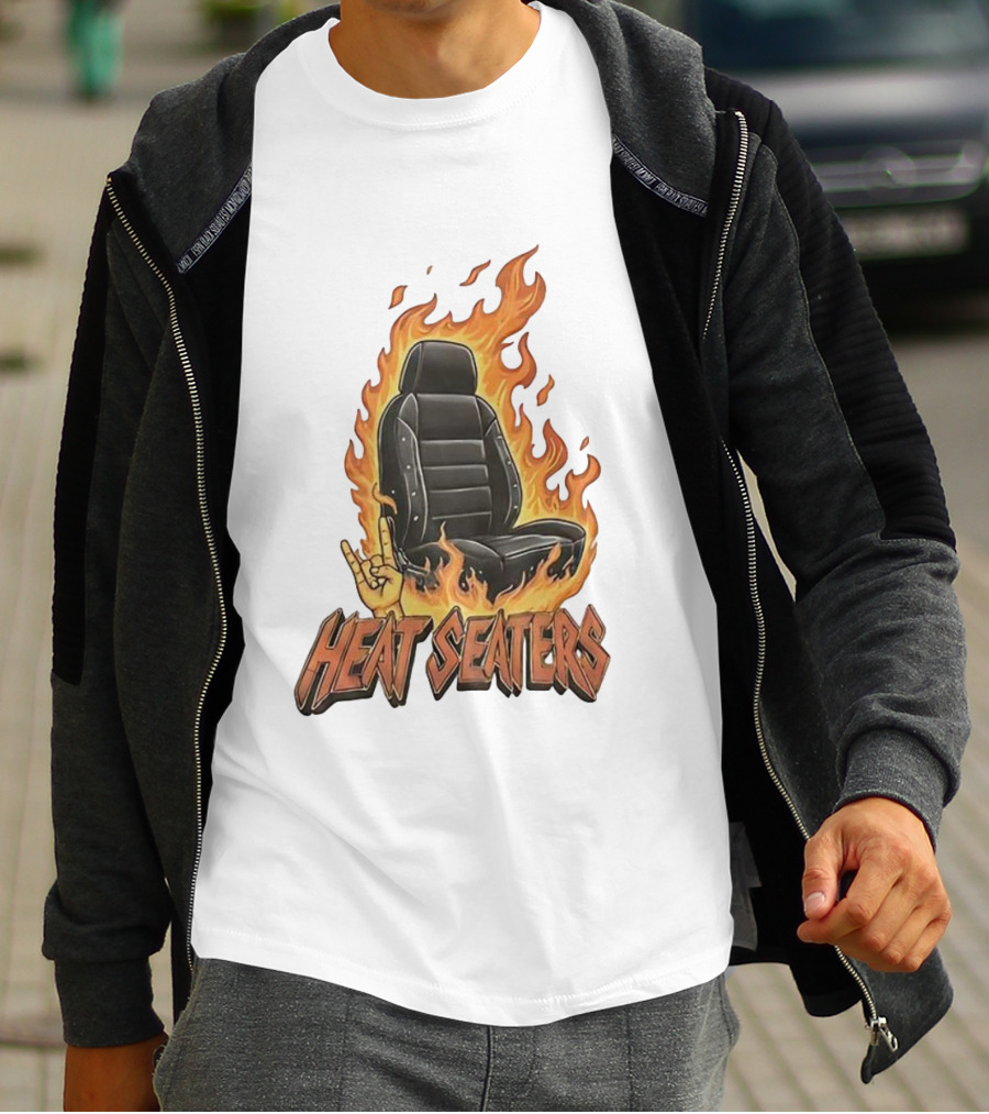 Heat Seaters Flaming Car Seat Rock Emoji T-Shirt