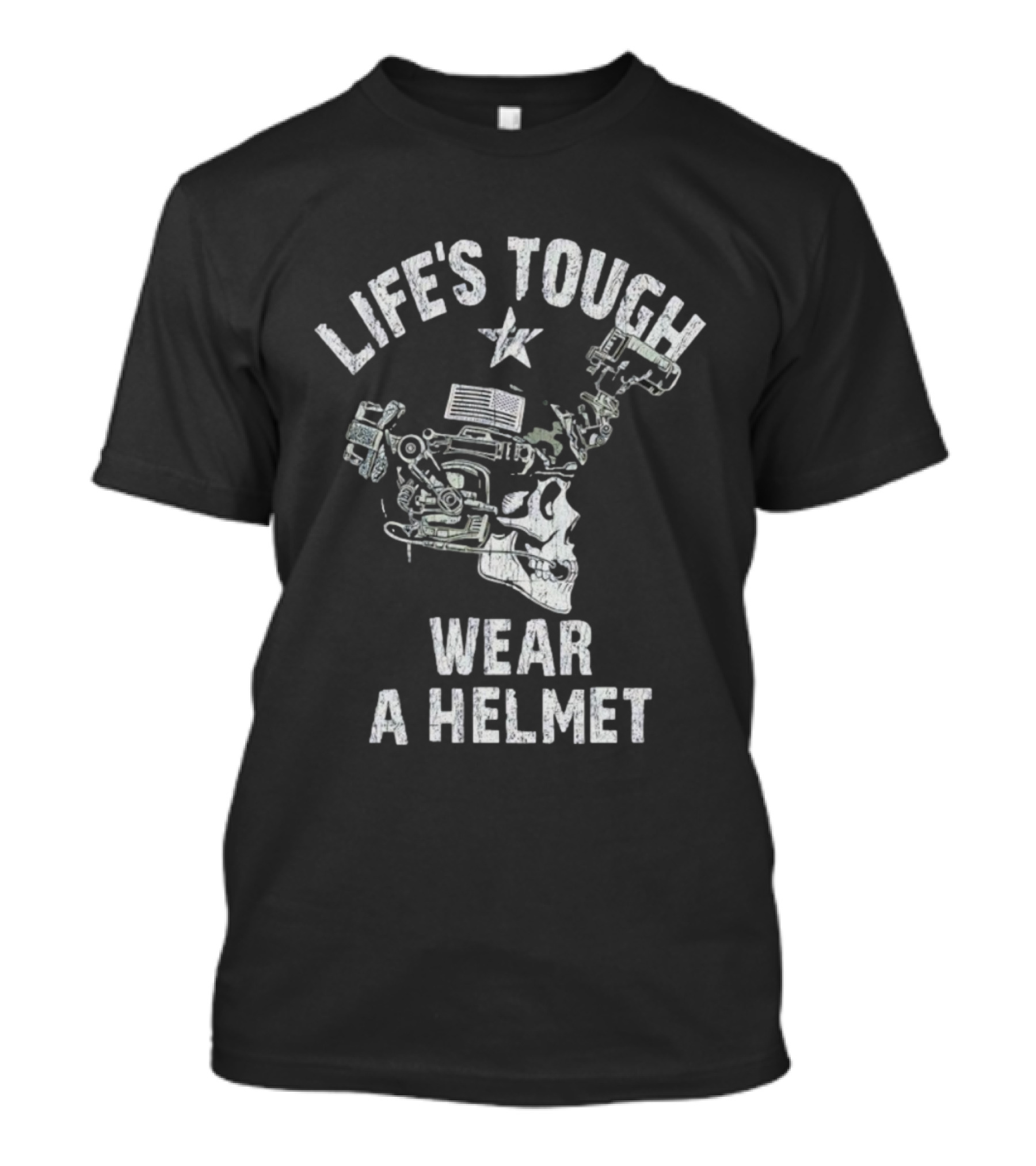 Life's Tough Wear A Helmet Skull Graphic With Mechanical Elements T-Shirt